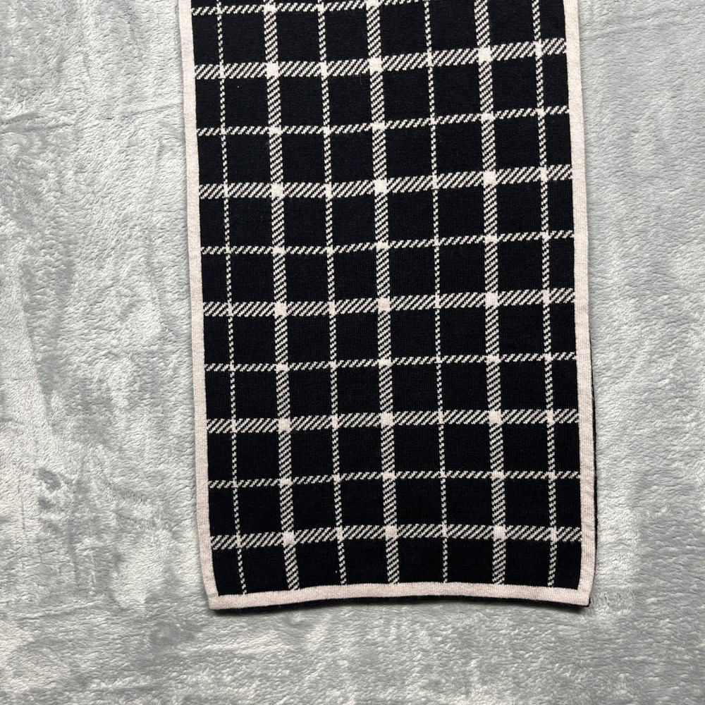 Coach Scarf Black Ivory Reversible Plaid Wool Cotton Knit Leather Logo - Picture 9 of 16